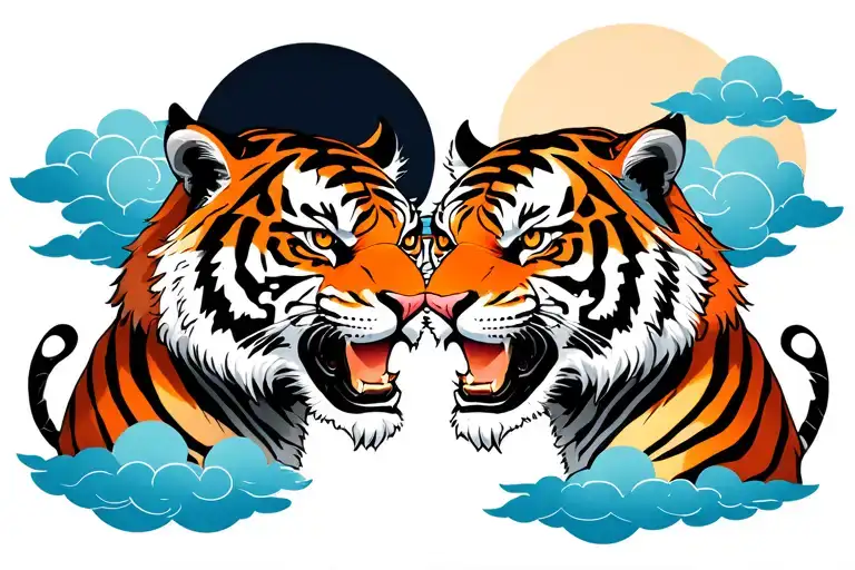 Two Tigers Facing Eachother With Clouds Surrounding