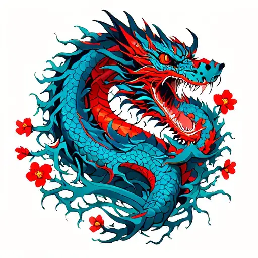 Blue And Red Dragon Ripping Through Thick Thorny Vines With Tiny Red Flowers Blooming Throughout