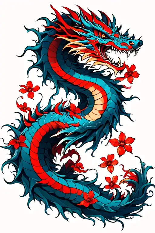 Blue And Red Dragon Ripping Through Thick Thorny Vines With Tiny Red Flowers Blooming Throughout