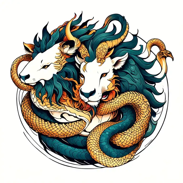 Lion And Bull And Snake Wrapped Loosely