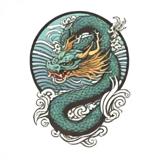 A Japanese Dragon Flying With Wave Pattern Background