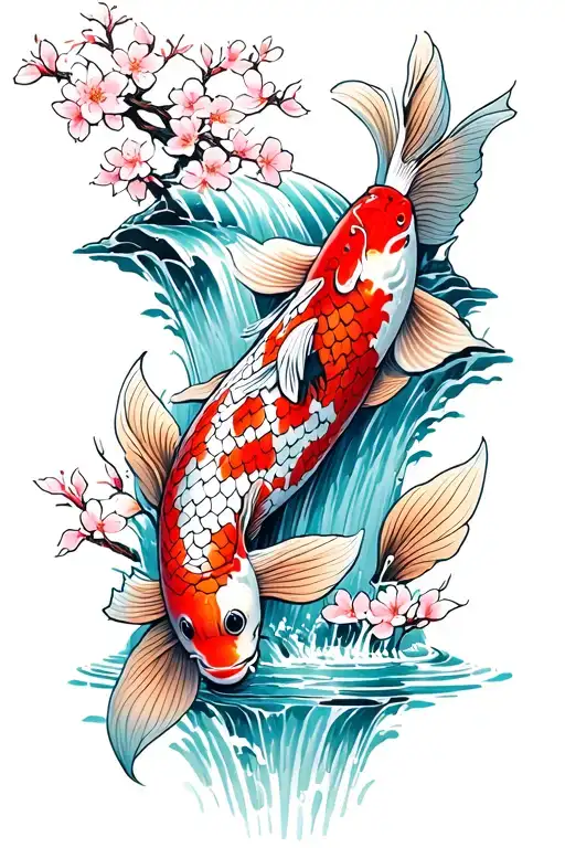 Koi Fish Going Up A Waterfall Surrounded By Cherry Blossoms