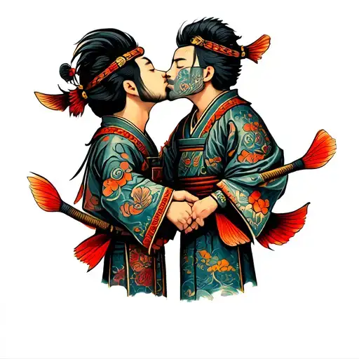 Koy Fish Samurai Holding Hands And Kissing Another Samurai Because They Are Gay