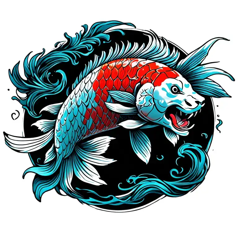 A Koi Fish With Tribal Style Bulls Head And Lions Head Incorporated Into The Fishes Scales