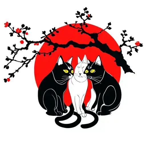 Three Cats With A Crooked Tree In The Red And Black Center