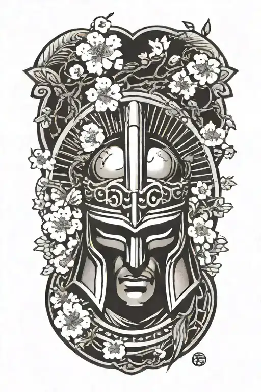 Spartan Helmet With Japanese Kaizen Symbol And Cherry Blossom Behind It