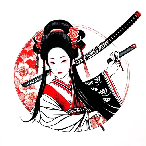 Geisha Holding A Katana Oni Mask