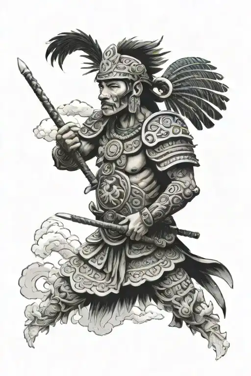 Aztec Warrior With Japanese Clouds