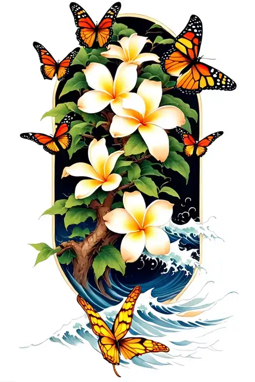 Butterflies Around A Frangipani Tree With Waves Crashing