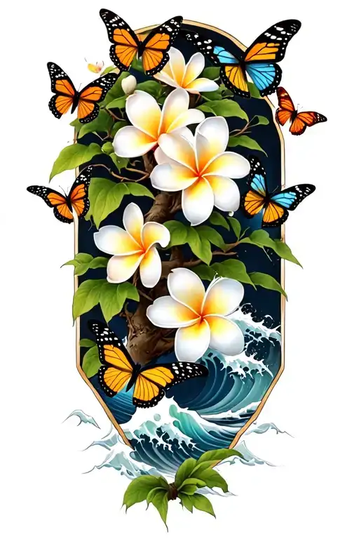 Butterflies Around A Frangipani Tree With Waves Crashing