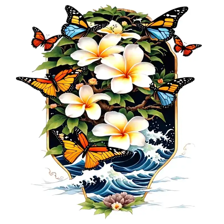 Butterflies Around A Frangipani Tree With Waves Crashing