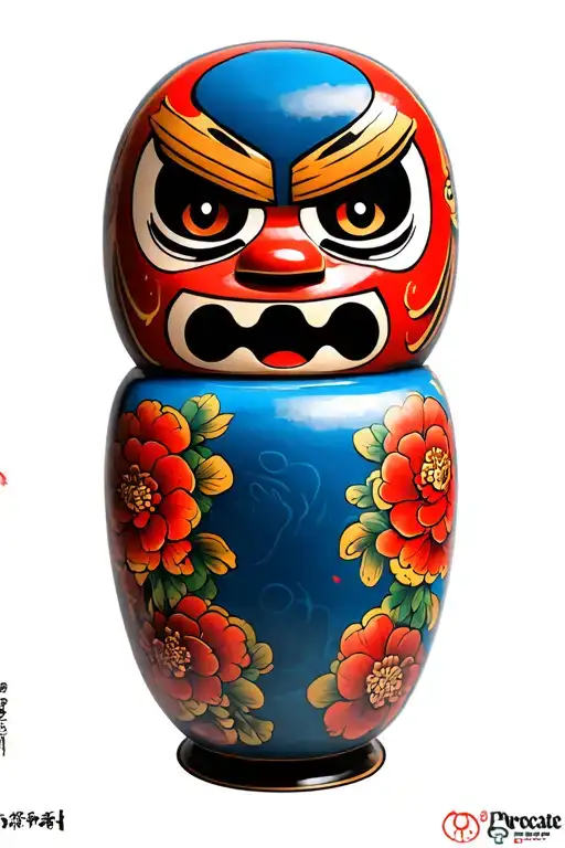 Create A Realistic Portrait Of A Daruma Doll Surrounded By Japanese Graffiti Art