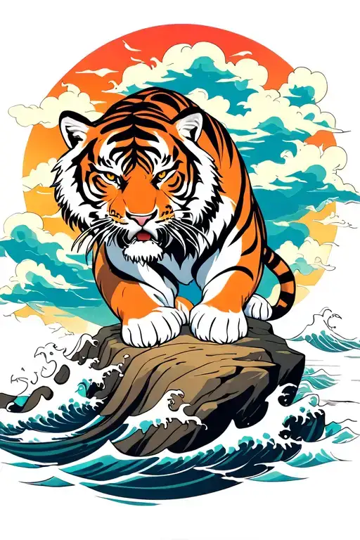 Complete Tiger With Head Down Descending On A Rock With Waves Of Water And Clouds Behind Him