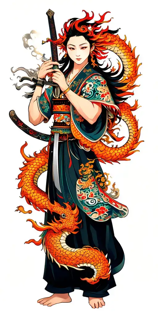 Oni Holding A Samari Swordat Top And Dragon Going Down The Arm Sleeve