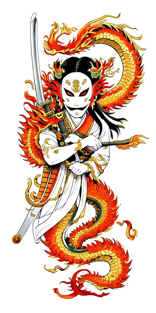 Make On With Mask Holding A Samari Swordat Top And Dragon Going Down The Arm Sleeve