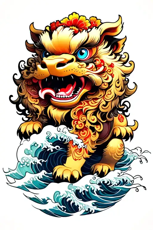 Two Foo Dog With Waves