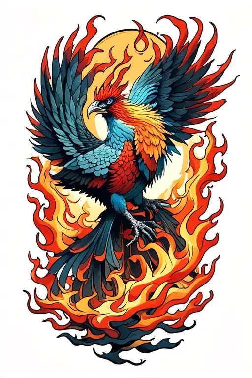 A Japanese Style Tattoo Of A Phoenix Rising From The Ashes With Flames