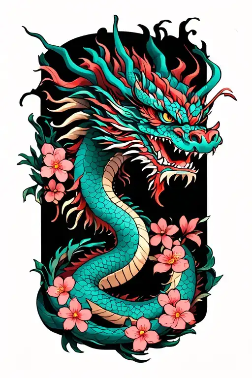 Dragon With Cherry Blossoms All Around It