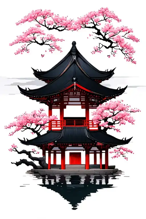 Temple And Cherry Blossom Trees
