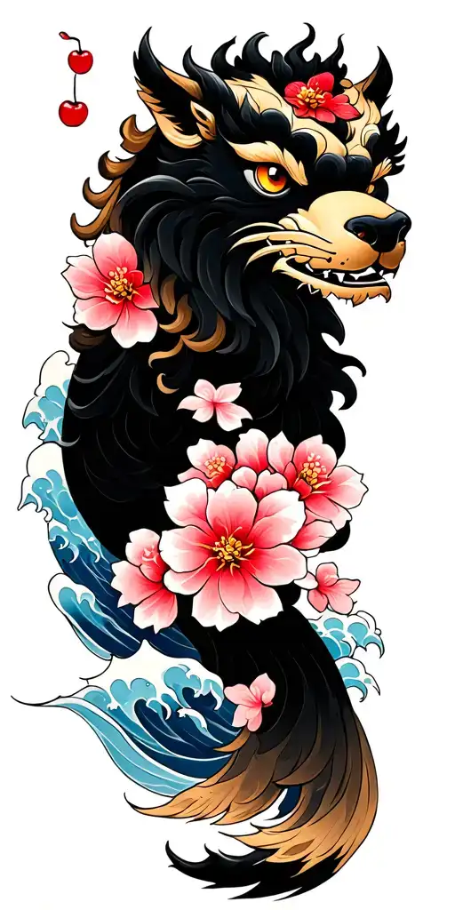 Foo Dog Tattoo With Waves And Cherry Blossoms Falling