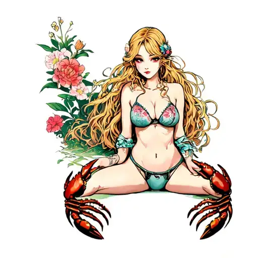 Tattoo Drawing Blonde Girls In Underwear With Crabs On Feet