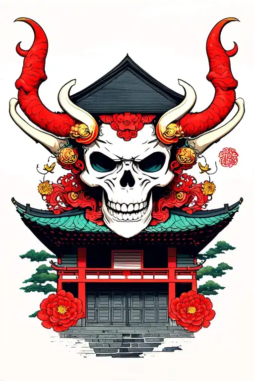 Oni Skull With Japan House Surrounded