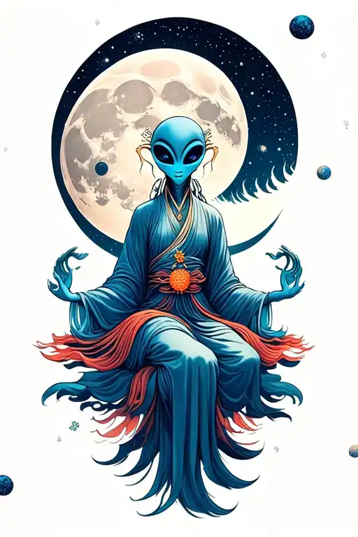 An Enlightened Alien With Crossing The Moon In Space