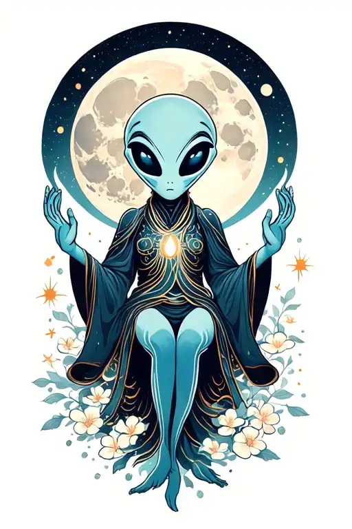 An Enlightened Alien With Slender Fingers Crossing The Moon In Space