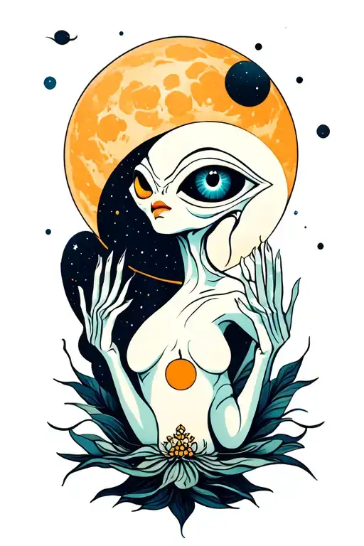 An Enlightened Alien With Slender Fingers And A Third Eye Crossing The Moon In Space