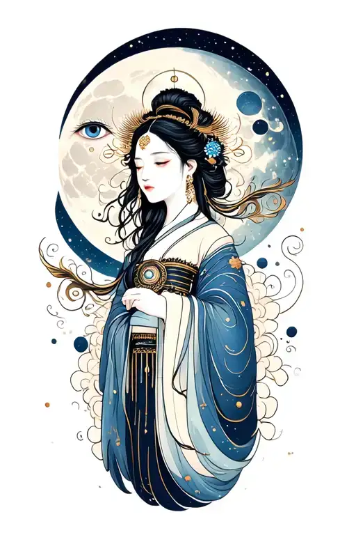 A Beautiful And Enlightened Being With A Third Eye Crossing The Moon In Space