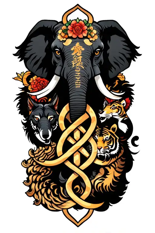 Golden Trinity Knot With Elephant And Wolf And Tiger At Each Corner