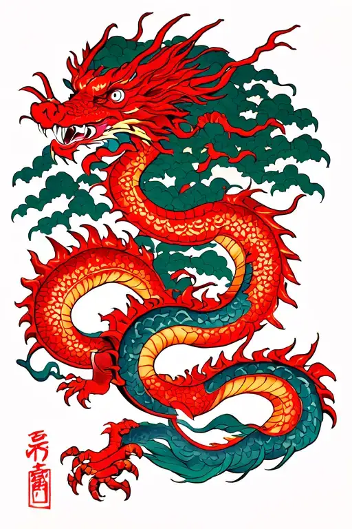 Red Japanese Style Dragon As Red Japanese Tree