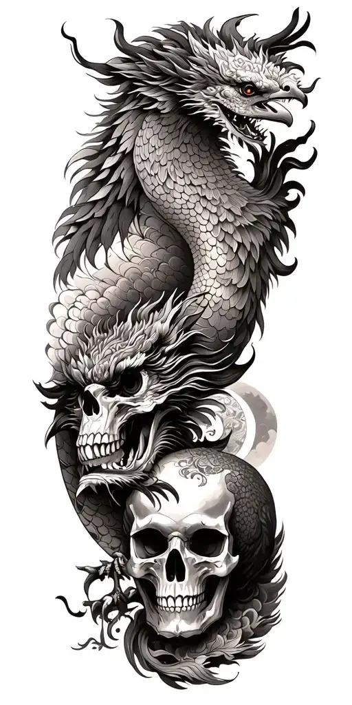 Chinese Dragon And Phoenix And Skull And Moon And Raven