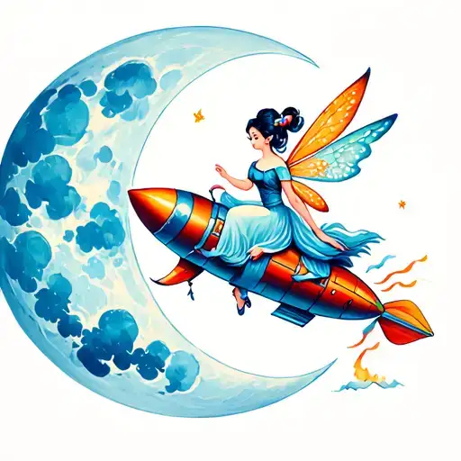 Fairy Riding On A Rocket To The Moon