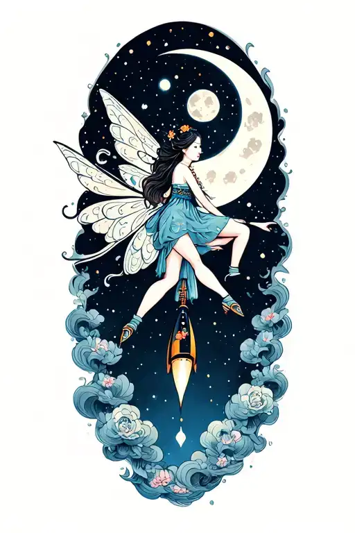 Fairy Riding On A Rocket To The Moon