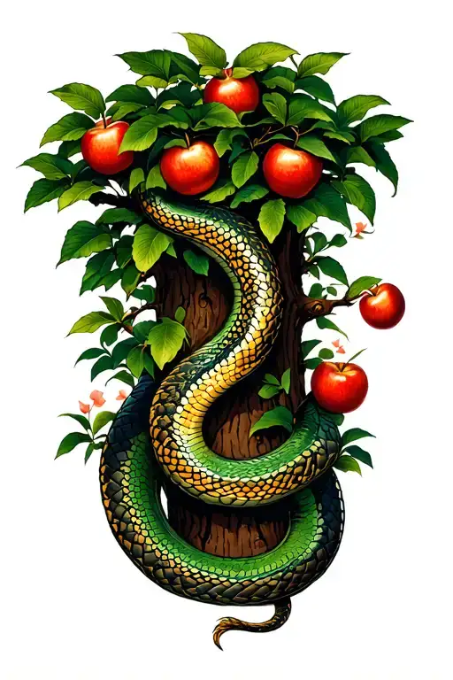 A Snake Is Coiled Around The Trunk Of The Garden Of Eden Tree With Apples