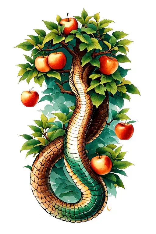 A Cobra Is Coiled Around The Trunk Of The Garden Of Eden Tree With Apples