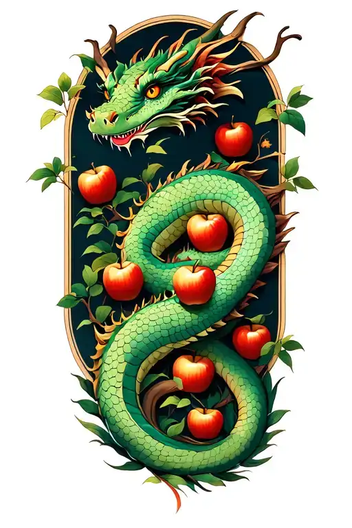 A Dragon Is Coiled Around The Garden Of Eden Tree With Apples
