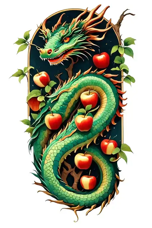 A Dragon Is Coiled Around The Garden Of Eden Tree With Apples