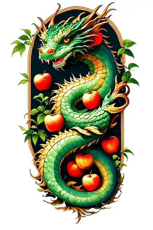 A Dragon Is Coiled Around The Garden Of Eden Tree With Apples