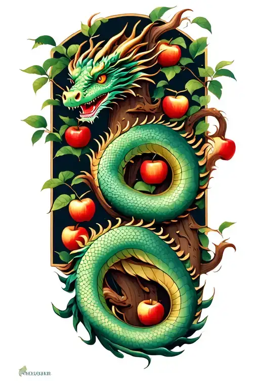 A Dragon Is Coiled Around The Trunk Of The Garden Of Eden Tree With Apples
