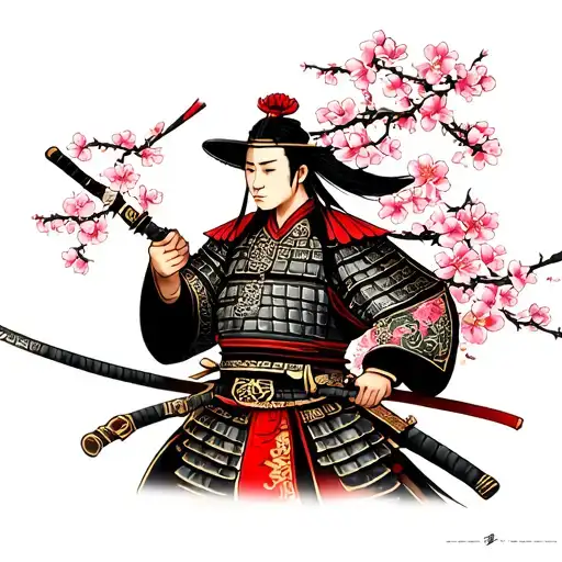 Japanese Cherry Blossom And Samurai Warrior
