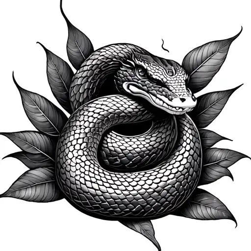 Kind Snake Made Up Of Coca Leaves Intertwined And Scales Are A Spiral Design