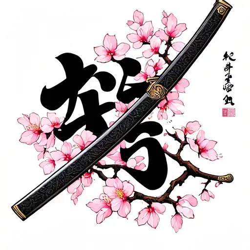 Samurai Katana With Cherry Blossom Branch And Gaman Kanji
