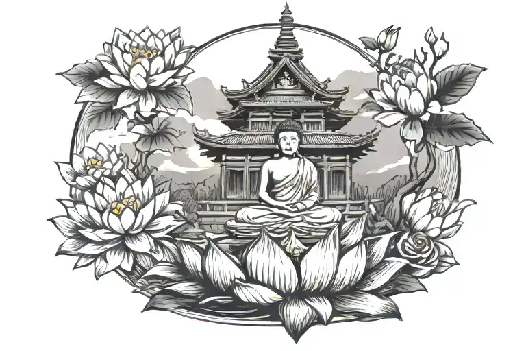 Buddha Temple And Lotus Flower