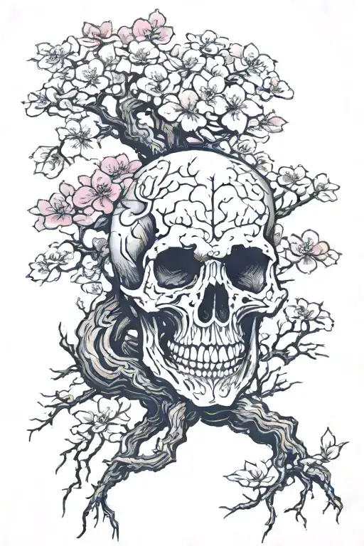 A Sakura Tree With A Skull At The Bottom Of Its Roots