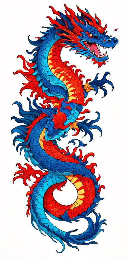 A Red Dragon And Blue Dragon Wrapped Tightly