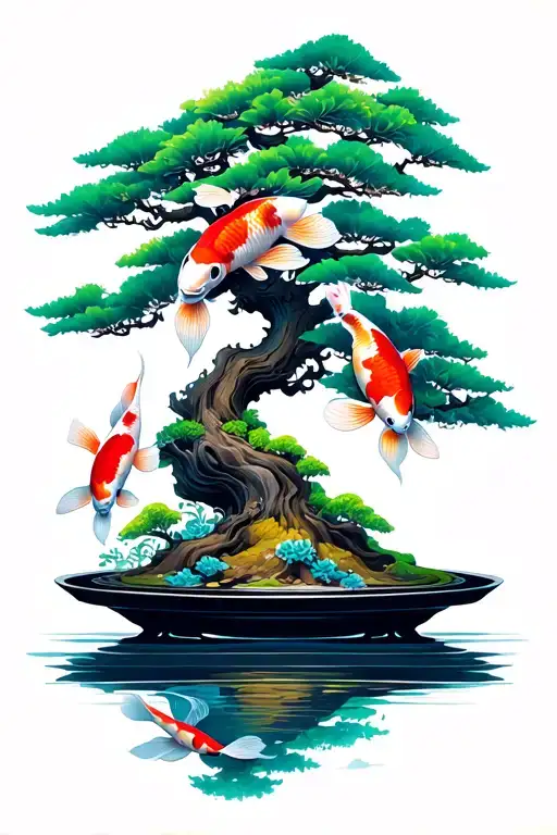 Bonsai Tree With Koi Fish Swimming Realistically