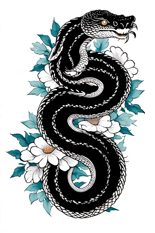 Japanese Snake With Background Black And White And Colour Flowers