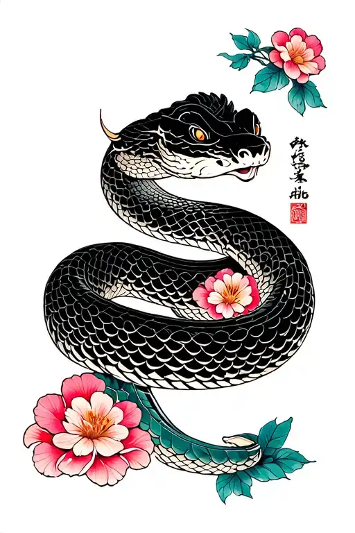 Coloured Japanese Snake With Background Black And White And Colour Flowers